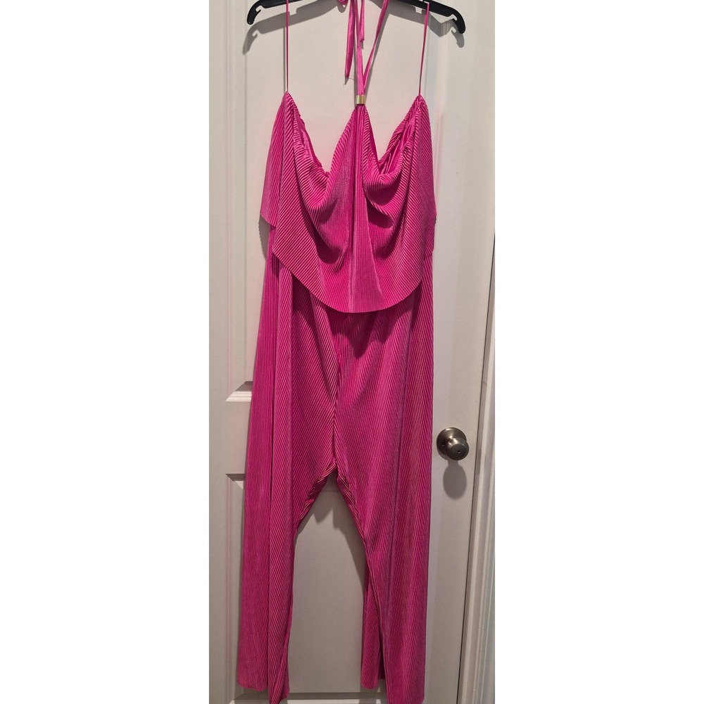 Intempo Hot Pink Plisse Halter Jumpsuit Ruffle Overlay Wide Leg One Piece 3X
